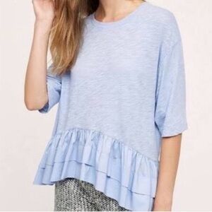Anthropologie Akemi+Kin blue slub cotton ruffle hem short sleeve tee size small